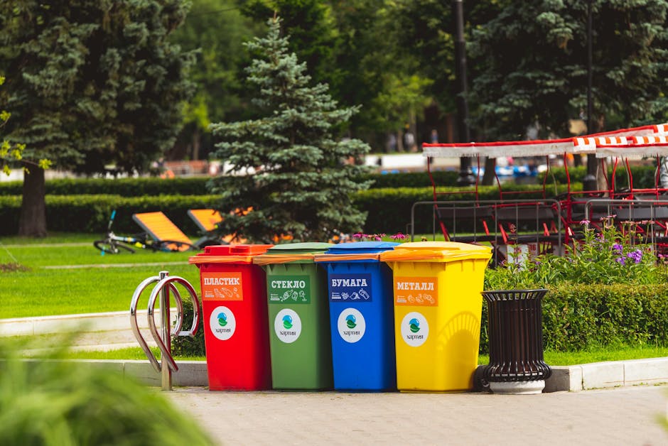A set of four colour-coded waste bins lined up outdoors on a paved pathway in a park setting. The red bin is labelled for plastic waste, the green bin for glass, the blue bin for paper, and the yellow bin for metal. Each bin features a circular logo with a leaf and additional icons indicating the intended waste type. Behind the bins, there are lush green trees, including a prominent coniferous tree in the centre, and neatly trimmed hedges, creating a well-maintained environment. To the right, a black trash bin with a slatted design is placed on the curb, and further back, there are outdoor seating arrangements with orange and black benches and a table with a red and white striped canopy. Bright natural sunlight illuminates the scene, highlighting the vibrant colours of the waste bins against the greenery, illustrating a typical outdoor waste collection area in a public park used for managing household waste and supporting private rubbish removal services that offer alternative disposal options from local authority collection.